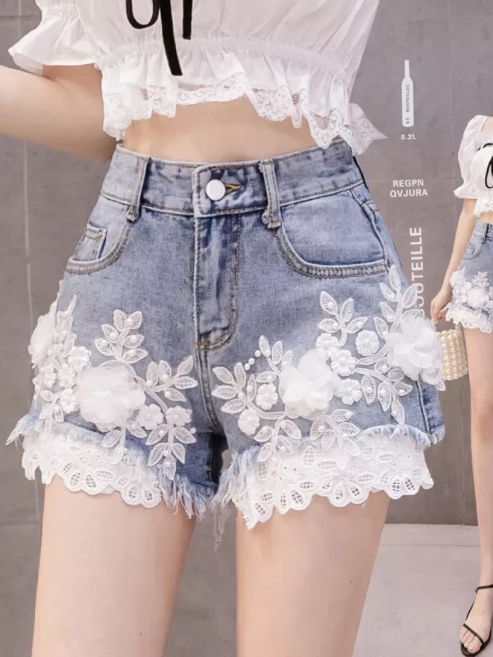 Women's Denim Shorts Jeans Beaded Lace 3D Flowers Embroidered Hot Pants Fringed